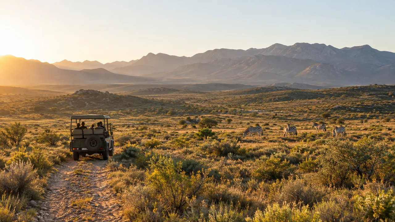 Guests viewing wildlife from an open safari vehicle in the Western Cape