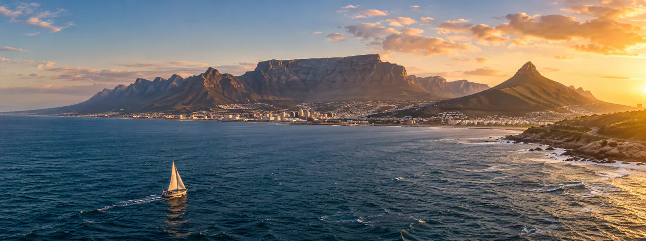 Cape Town, Table Mountain and the Atlantic coastline at sunset