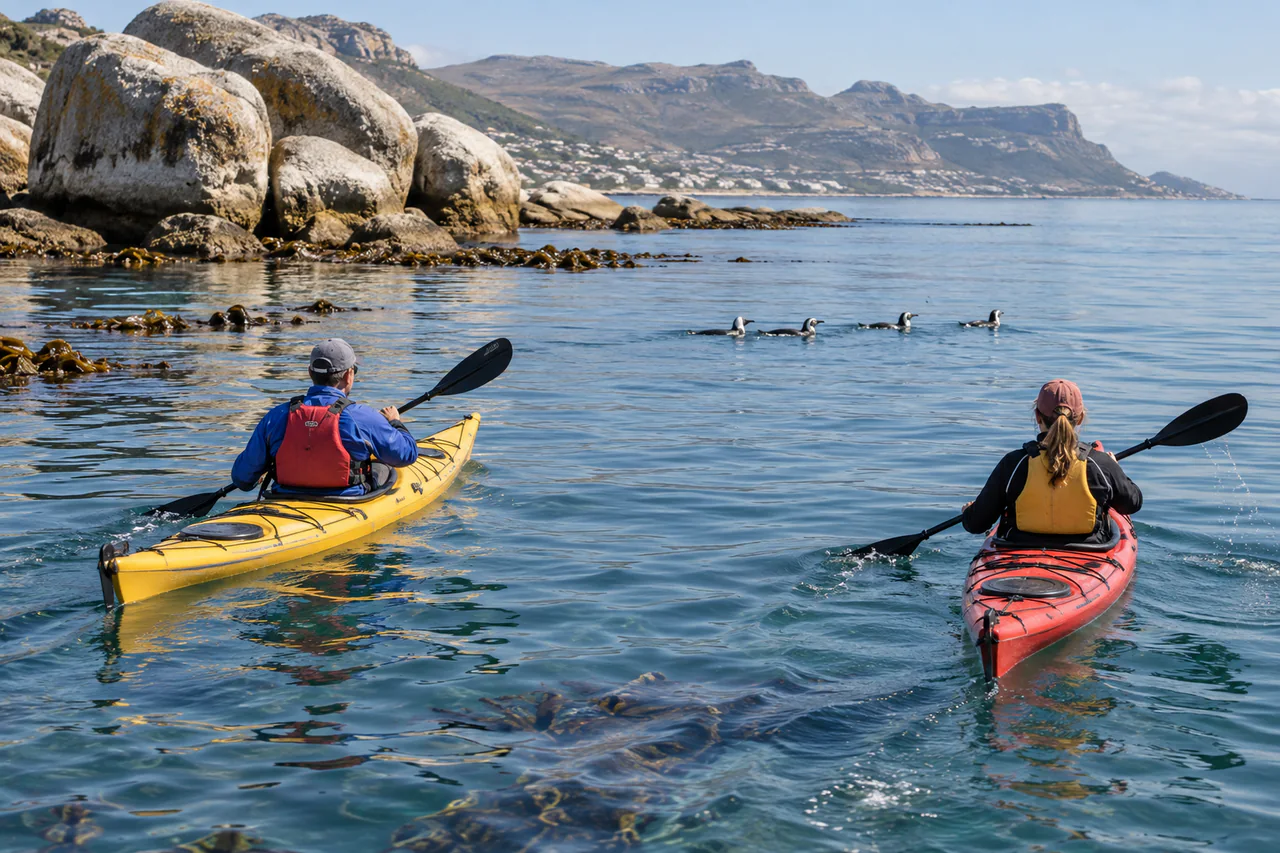 Kayakers paddling through kelp near the Cape Peninsula