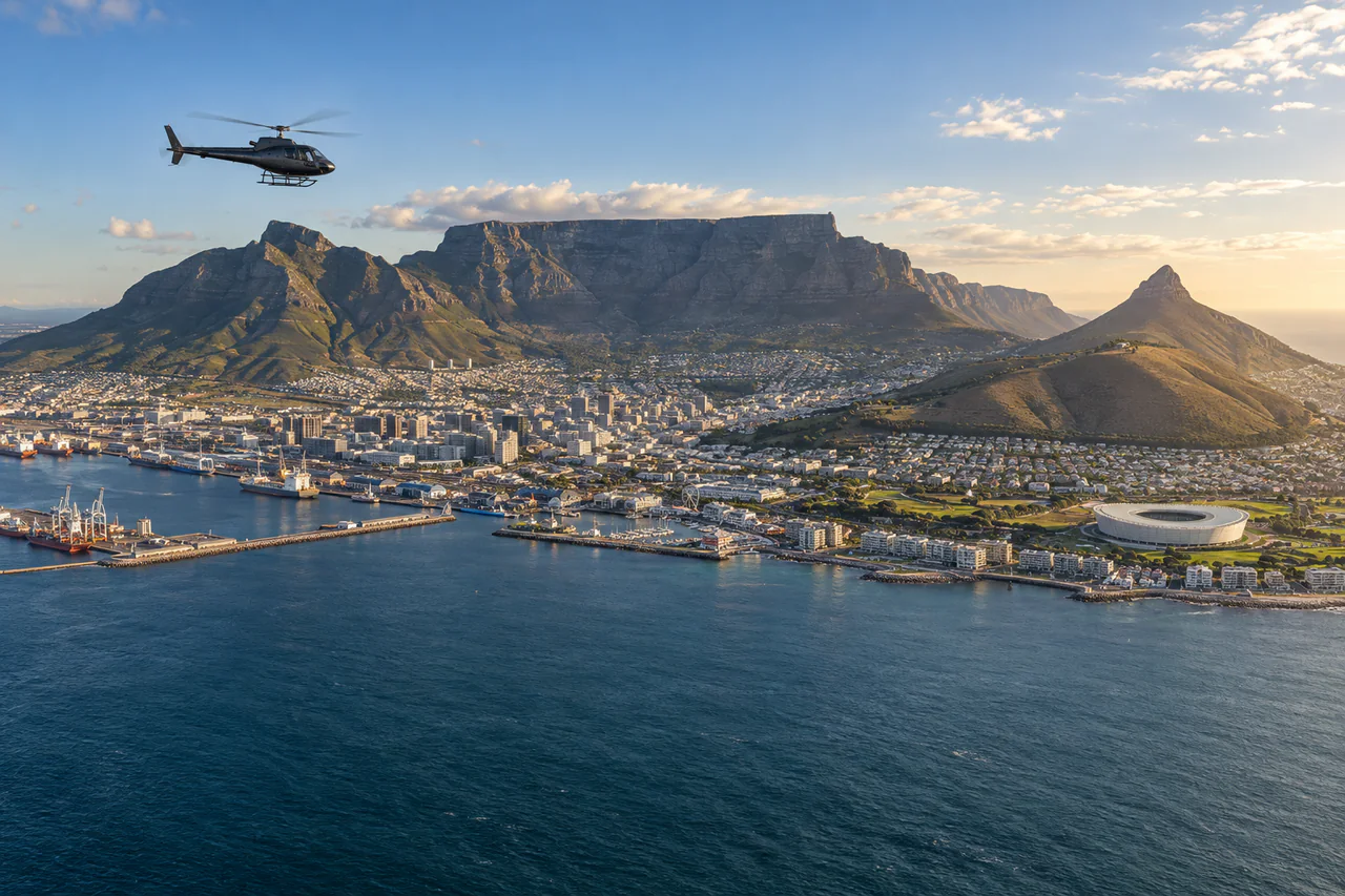 A scenic helicopter flying above Cape Town and the Atlantic coast