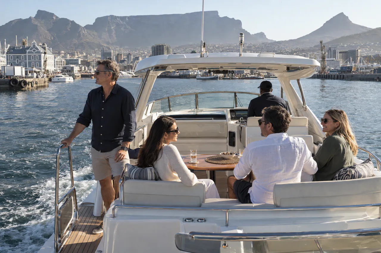 Guests aboard a private yacht at sunset off Cape Town