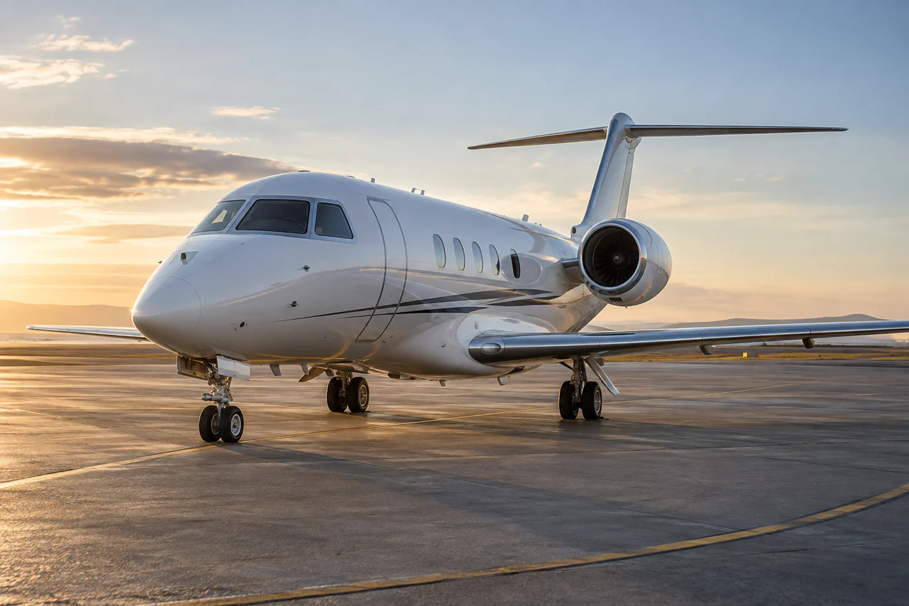 A private aircraft on the apron at golden hour