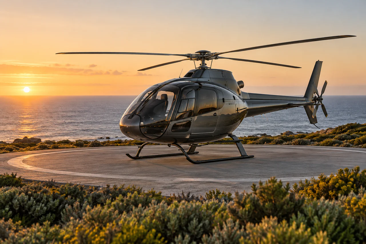 A modern sightseeing helicopter on a coastal helipad at sunset